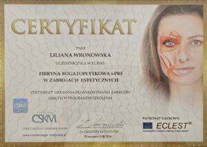 certyfikat - firbryna bogatoplytkowa i-PRF w zabiegach estetycznych