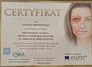 certyfikat - mezoterapia iglowa, lipoliza iniekcyjna i rollery w zabiegach estetycznych