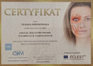 certyfikat - osocze bogatoplytkowe w zabiegach estetycznych