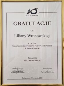certyfikat - studia podyplomowe z trychologii