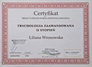 certyfikat - trychologia zaawansowana 2 stopien